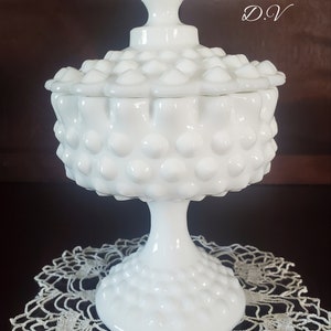 Vintage Fenton Large Hobnail Milk Glass Compote Candy Dish