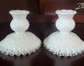 Vintage Fenton Milk Glass Silvercrest Spanish Lace Design Candle Holders (Pair)