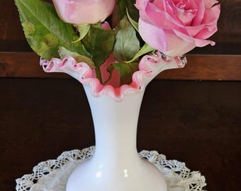 Fenton White Milk Glass Cased Pink/peach Silvercrest Vase, Vintage