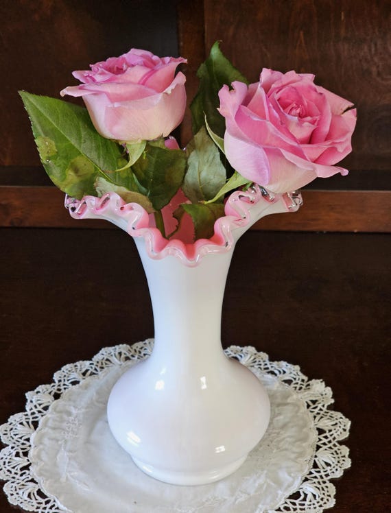 Vintage Fenton White Milk Glass Cased Pink/peach Silvercrest Vase