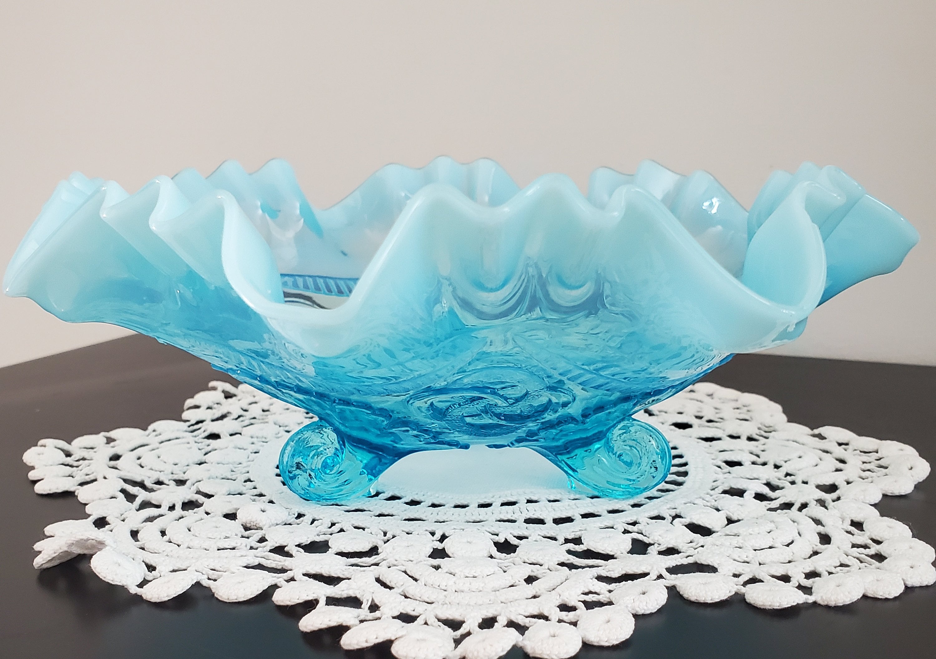 Vintage Fenton Blue Opalescent Three Footed Bowl - Etsy
