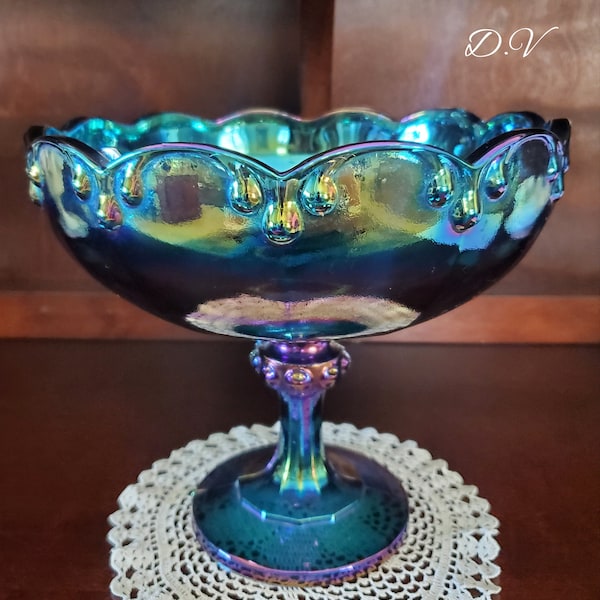 Vintage Indiana Carnival Glass Teardrop Iridescent Blue Pedestal Compote