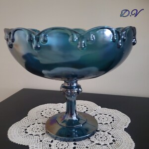 Vintage Indiana Teardrop Iridescent Blue Carnival Glass Large Pedestal Compote
