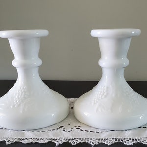 Vintage Westmoreland (Pair) Milk Glass Candle Holders with Grapes & Leaves Pattern