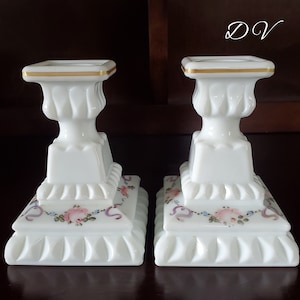Vintage Westmoreland Milchglas handbemalte Kerzenhalter-Paar