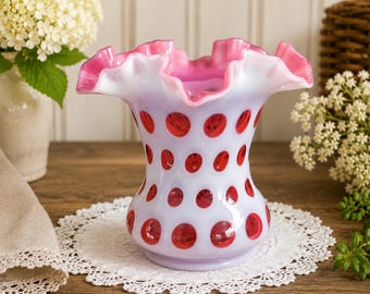 Vintage Fenton Art Glass Cranberry Opalescent Coin Dot Ruffled
