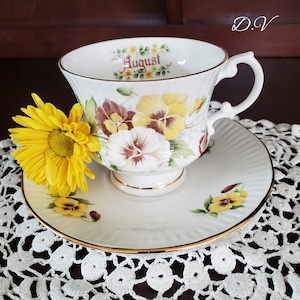 Vintage Elizabethan Staffordshire-Bone China &quot;August&quot; Teacup and Saucer