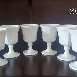 Vintage Indiana Milk Glass Goblets-Colony Harvest with Grapes & Leaves Pattern (Set of 6)