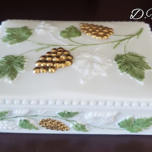 Vintage Westmoreland Milk Glass Hand Painted Trinket Box with Gold Grapes and Green Leaves