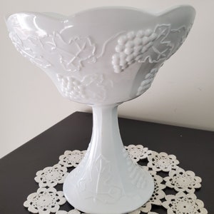 Vintage Milk Glass Pedestal Compote with Grape and Leaves Design