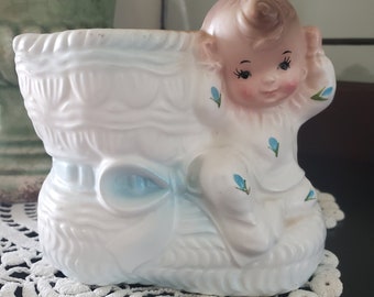 Vintage Baby Bootie Ceramic Planter with Rattle Made by Relpo