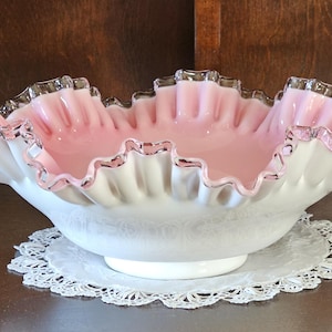 Vintage Fenton Pink/Peach Ruffled White Milk Glass, Silver Crest Bowl