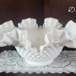 Vintage Fenton Hobnail Crimped Milk Glass Bowl