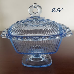 Vintage Indiana Glass &quot;Sky Blue&quot; Lace Edge Footed Lidded Candy Box
