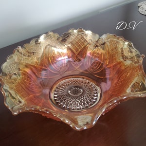 Vintage Imperial Iridescent Carnival Glass Diamond Ring Pattern &quot;Marigold&quot; Bowl