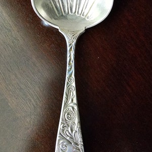 May include: A silver serving spoon with an ornate, engraved handle. The bowl of the spoon has a sunburst design. The handle is engraved with a floral pattern and the initials "D.V."