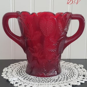 Vintage Mosser Red Amberina Glass Strawberry Handled Bowl