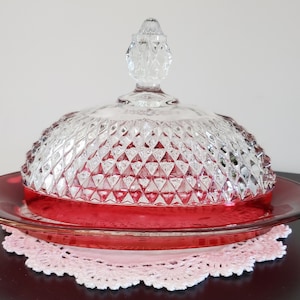 Vintage Indiana Glass Ruby Cranberry Flashed Diamond Point Covered Butter Dish