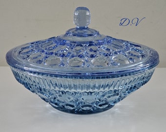 Vintage Indiana Glass Windsor Button & Cane Blue Covered Dish