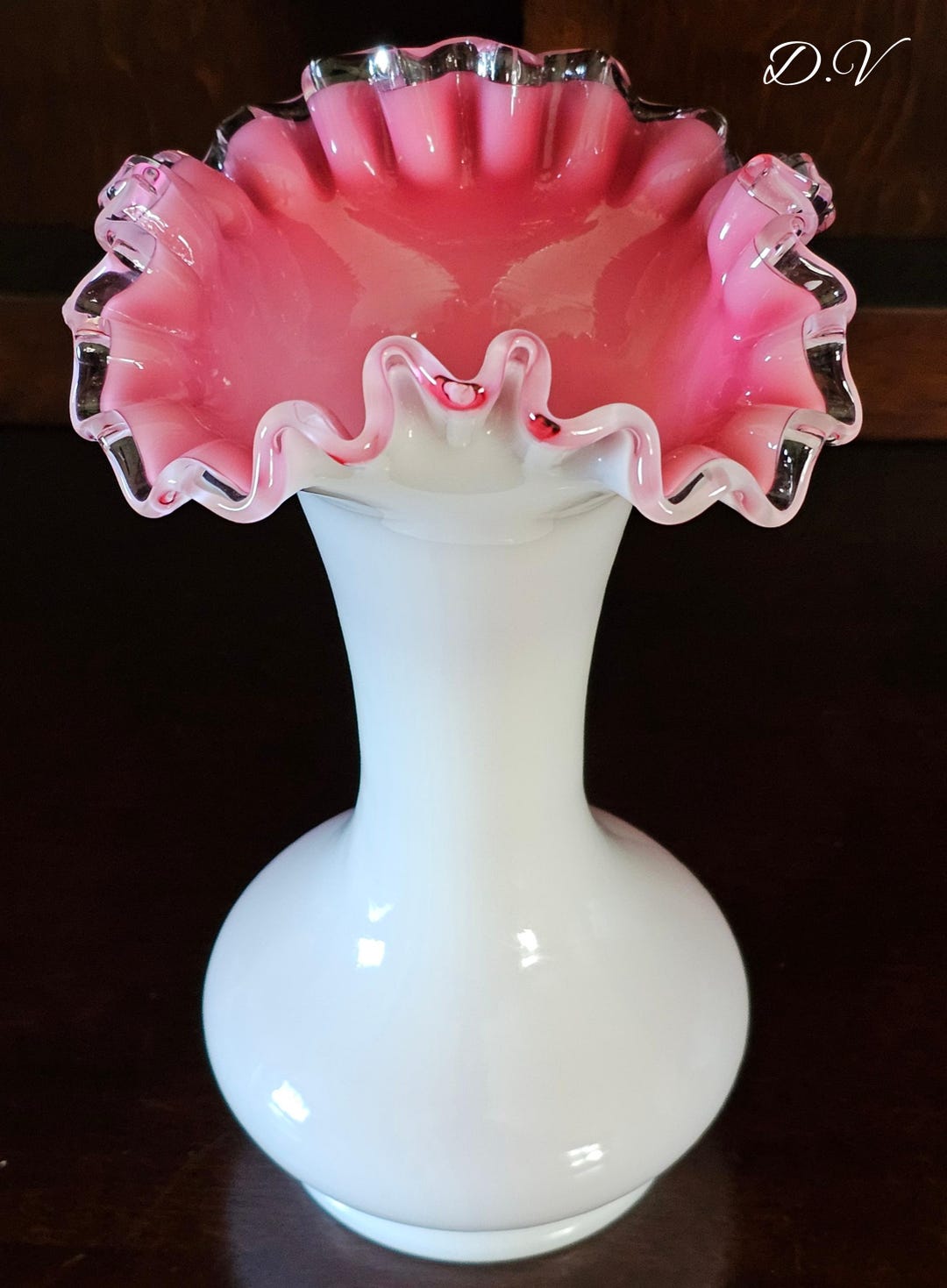 Fenton White Milk Glass Cased Pink/peach Silvercrest Vase, Vintage