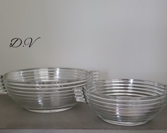 Vintage Anker Hocking-Manhattan Patroon- (2) Twee Bowl Set w / handgrepen