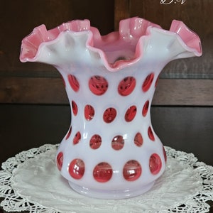 Vintage Fenton Cranberry Opalescent  Coin Dot Ruffled Vase