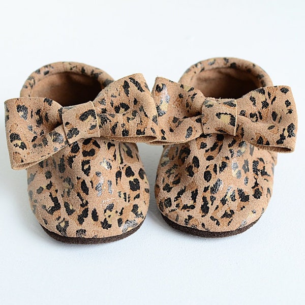 Real Leather Suede Handmade Leopard Print Bow Moccasins, Baby Girl Booties, Soft Soles, Baby First Shoes, Baby Shower Gift