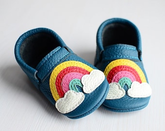 Ocean Blue Rainbow Baby Soft Shoes, Real Leather Handmade Baby Moccasins, Colorful Soft Soles, Baby First Shoes, Baby Shower Gift