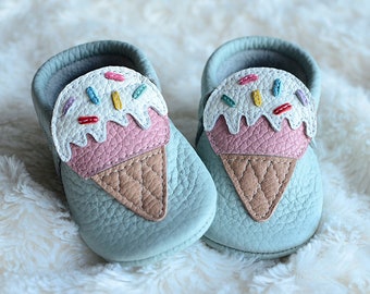 Ice Cream Sprinkles Soft Baby First Shoes, Real Leather Handmade Moccasins, Toddler Shoes, Soft Soles, Newborn Gift