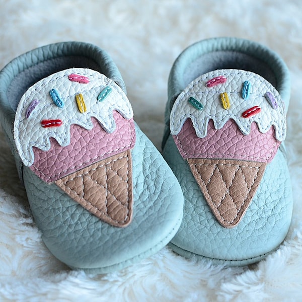 Ice Cream Sprinkles Soft Baby First Shoes, Real Leather Handmade Moccasins, Toddler Shoes, Soft Soles, Newborn Gift