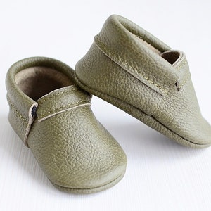 Soft Leather Baby First Shoes, Olive Green Unisex Classic Moccasins, Handmade Booties, Soft Soles, Toddler Shoes, Baby Shower Gift image 5