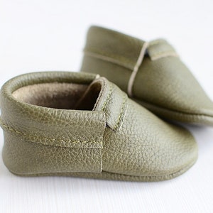 Soft Leather Baby First Shoes, Olive Green Unisex Classic Moccasins, Handmade Booties, Soft Soles, Toddler Shoes, Baby Shower Gift image 3