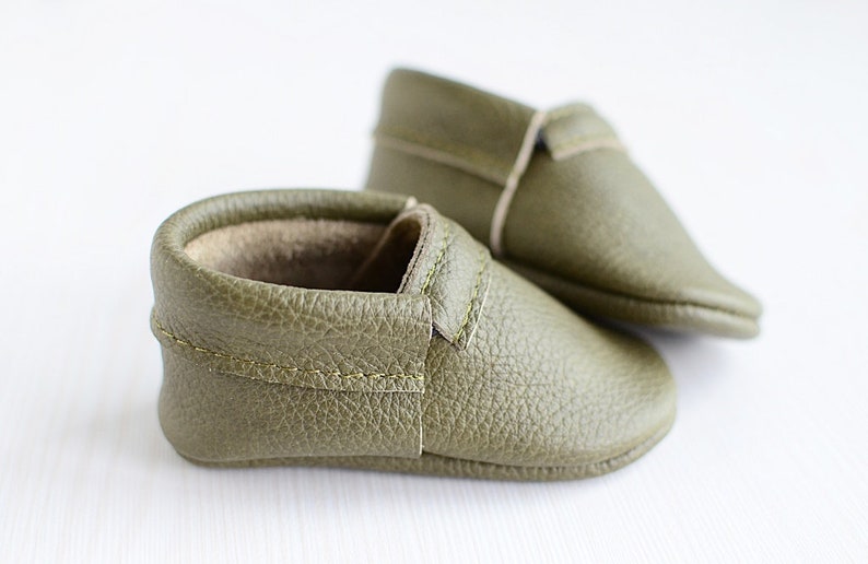 Soft Leather Baby First Shoes, Olive Green Unisex Classic Moccasins, Handmade Booties, Soft Soles, Toddler Shoes, Baby Shower Gift image 3