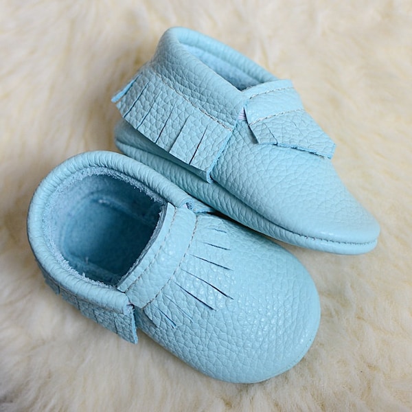 Pale Blue Aqua Soft Leather Baby Shoes, Mint Unisex Handmade Fringe Moccasins, Toddler Shoes, Soft Soles, Baby Shower Gift, Baby First Shoes