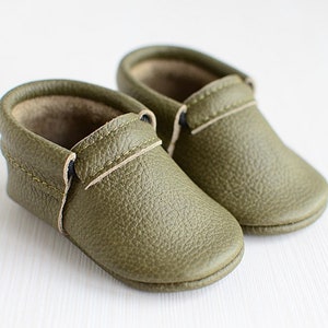 Soft Leather Baby First Shoes, Olive Green Unisex Classic Moccasins, Handmade Booties, Soft Soles, Toddler Shoes, Baby Shower Gift image 2