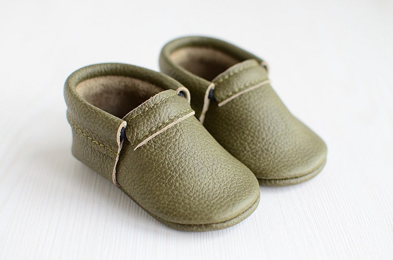 Soft Leather Baby First Shoes, Olive Green Unisex Classic Moccasins, Handmade Booties, Soft Soles, Toddler Shoes, Baby Shower Gift image 2