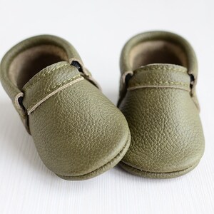 Soft Leather Baby First Shoes, Olive Green Unisex Classic Moccasins, Handmade Booties, Soft Soles, Toddler Shoes, Baby Shower Gift image 1