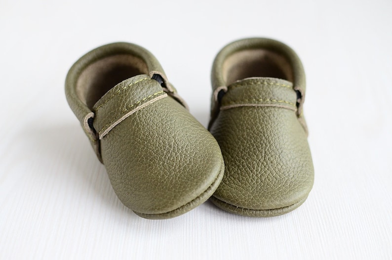 Soft Leather Baby First Shoes, Olive Green Unisex Classic Moccasins, Handmade Booties, Soft Soles, Toddler Shoes, Baby Shower Gift image 1