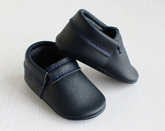 Soft Baby Shoes, Space Blue Real Leather Unisex Classic Moccasins, Handmade First Booties, Soft Soles, Toddler Shoes, Baby Shower Gift