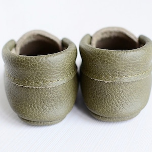 Soft Leather Baby First Shoes, Olive Green Unisex Classic Moccasins, Handmade Booties, Soft Soles, Toddler Shoes, Baby Shower Gift image 4