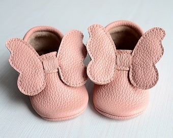 READY TO SHIP** 6-12 Months Pink Butterfly Wings Baby Shoes, Real Leather Handmade Soft Soles, Newborn Baby First Shoes, Baby Shower Gift