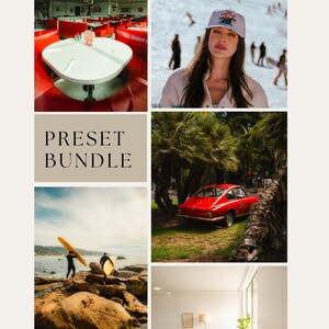 May include: A collage featuring a retro diner, a woman wearing a hat on a snowy mountain, a red car, surfers with surfboards, and a modern interior. The text "PRESET BUNDLE" is displayed. A color palette of blue, red, and green is at the bottom.