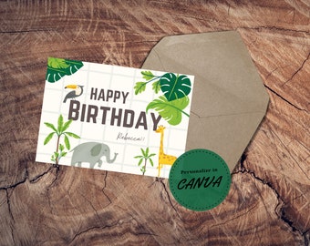 Jungle Birthday Card, Jungle card, safari birthday, safari card, birthday card, elephant birthday, giraffe birthday