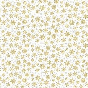 Può includere: Uno sfondo bianco con un motivo ripetitivo di fiocchi di neve dorati e argentati. I fiocchi di neve sono di diverse dimensioni e forme.