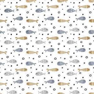 Könnte beinhalten: Ein nahtloses Muster mit weißem Hintergrund und einem sich wiederholenden Design aus kleinen blauen und braunen Fischen mit weißen Punkten. Die Fische schwimmen in einem zufälligen Muster mit kleinen schwarzen Kreisen, die über das gesamte Design verteilt sind.