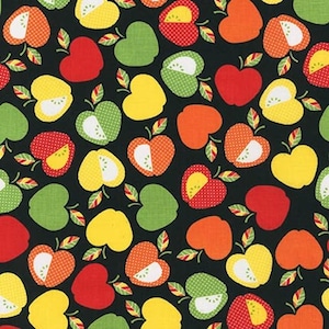 Kaufman Stoff Äpfel, schwarz-bunt Patchworkstoff