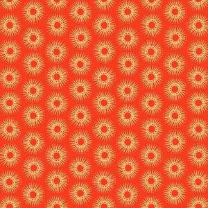 Peut inclure: Un fond rouge avec un motif répétitif de cercles dorés en forme de soleil.