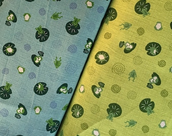 Japanischer Stoff von Cosmo, printed Dobby, grün oder türkis mit Fröschen, Seerosen, Spiralen