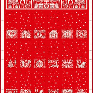 May include: Red and white Advent calendar with a festive Christmas theme. The top features deer, trees, and birds. The calendar has 24 numbered squares with holiday-themed illustrations, perfect for counting down to Christmas.