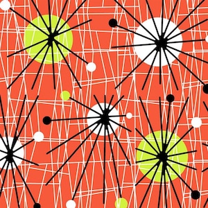 Grafische Michael Miller-stof, clementine, Atomic, jaren 50